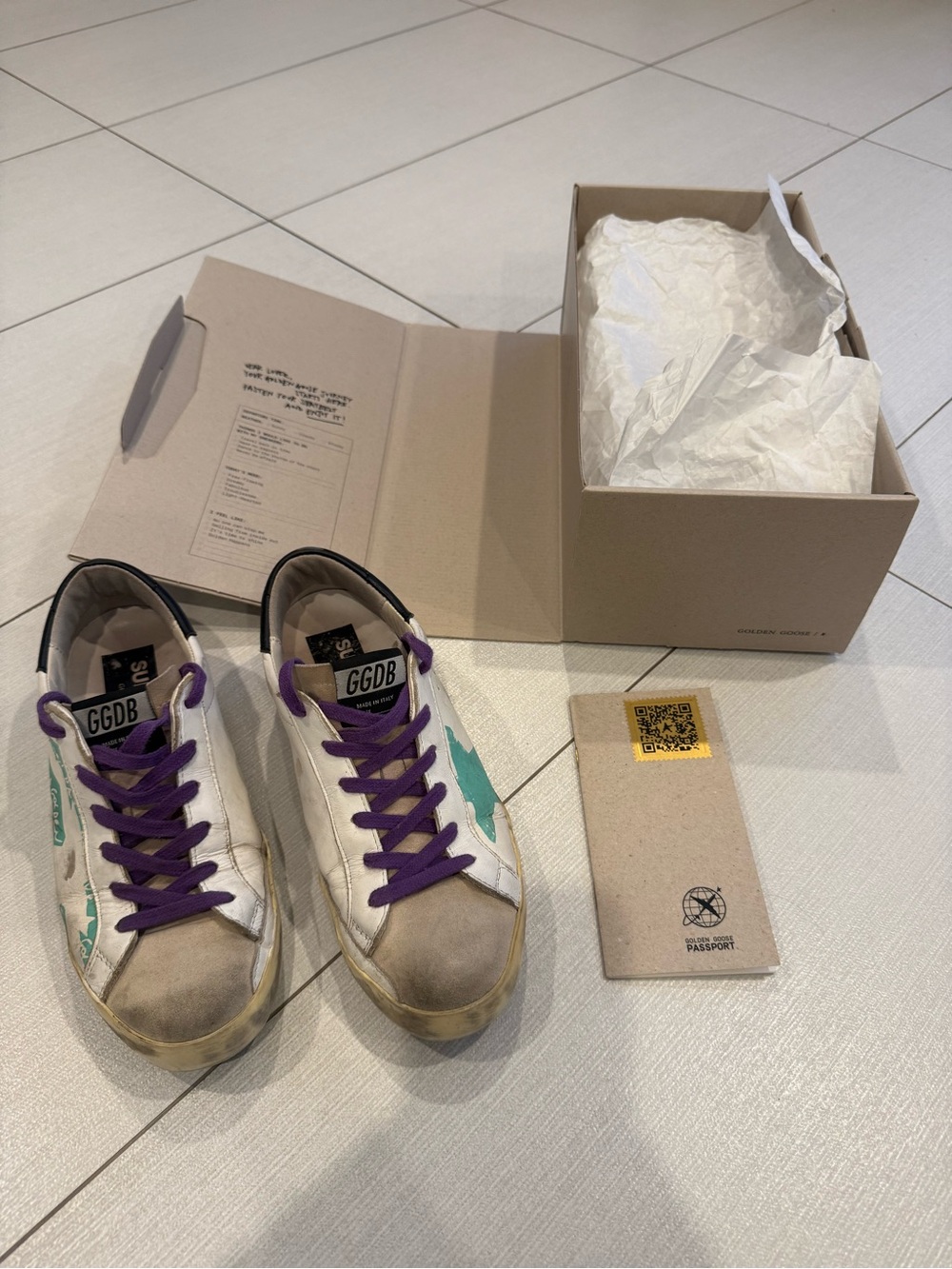 Golden Goose White Sneakers with Teal Star and Purple Laces Superstar 37 Womens
